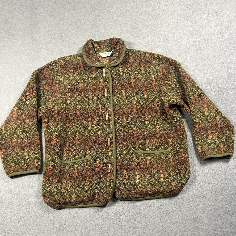 VTG Orvis Fleece Jacket Womens XL Red Green Floral Toggle Button Aztec Sweater